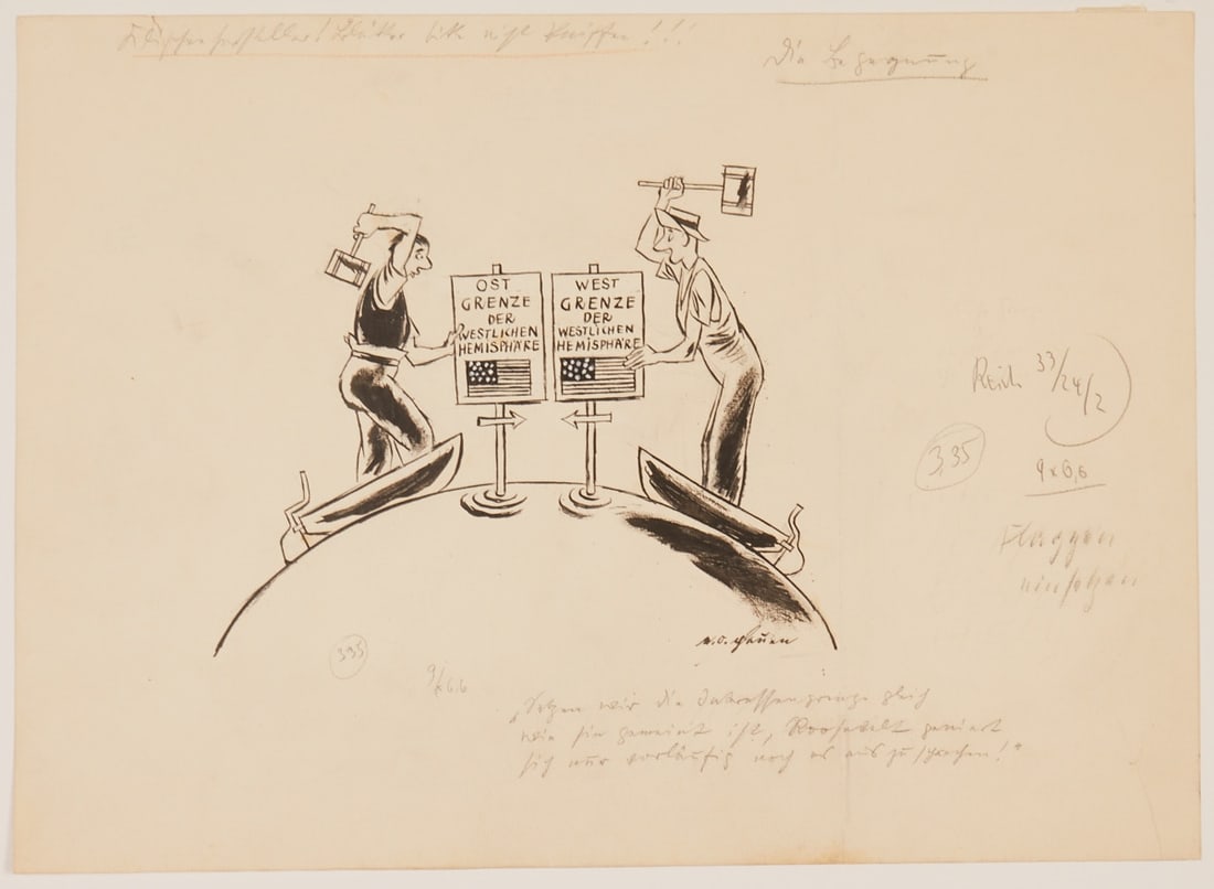 E. O. Plauen: E. O. Plauen 1903 Untergettengrün - 1944 Berlin - "The Encounter" - (1941) Ink and pen/paper. 36.5 x 50.8 cm. Inscribed lower center: "Let's set the interest boundary right away