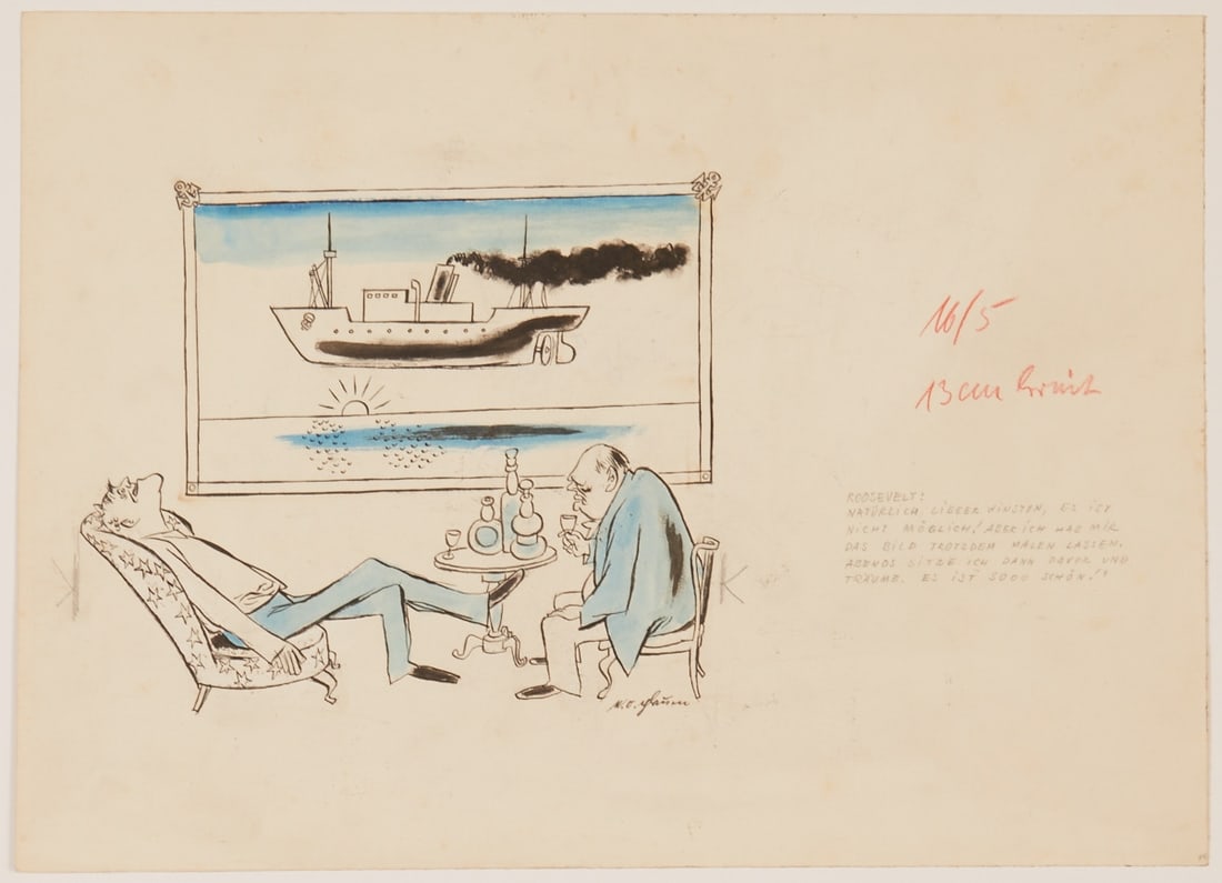 E. O. Plauen: E. O. Plauen 1903 Untergettengrün - 1944 Berlin - Roosevelt and Churchill - (1942) Ink and pen/paper. 36.7 x 51 cm. Inscribed lower right: Roosevelt: / "Of course, dear Winston, it's / not possible!