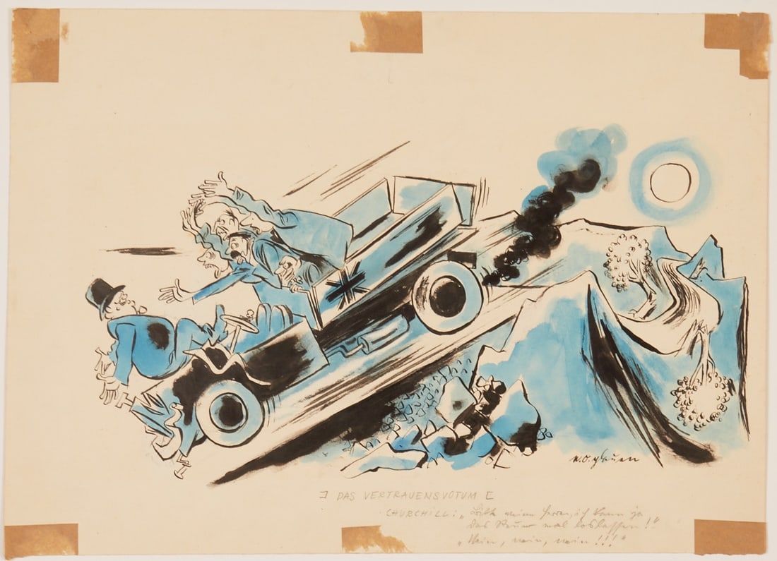 E. O. Plauen: E. O. Plauen 1903 Untergettengrün - 1944 Berlin - "The Vote of Confidence" - (1942) Ink and pen/paper. 36.5 x 51 cm. Inscribed lower center: The Vote of Confidence / Churchill: "Please, gentlemen, I