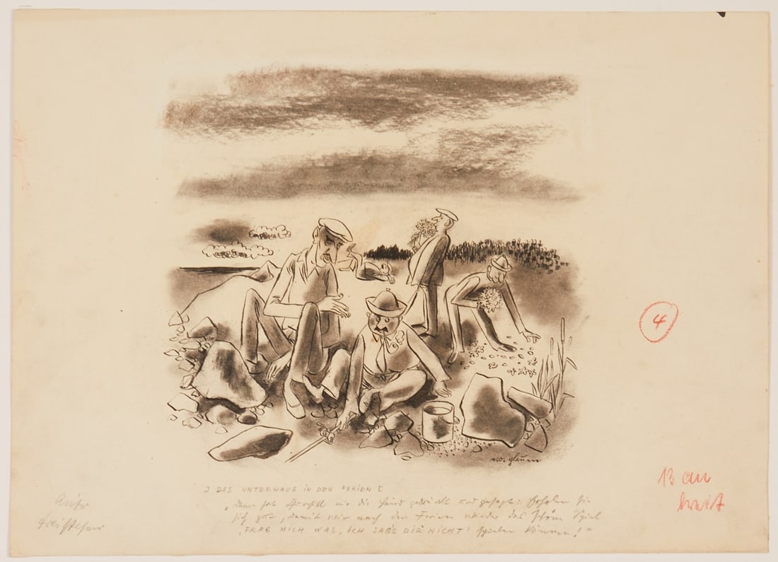 E. O. Plauen: E. O. Plauen 1903 Untergettengrün - 1944 Berlin - "The House of Commons on Vacation" - (1942) Ink and pen/paper. 36.5 x 51 cm. Inscribed lower center: "Then Churchill shook my hand and said: have a