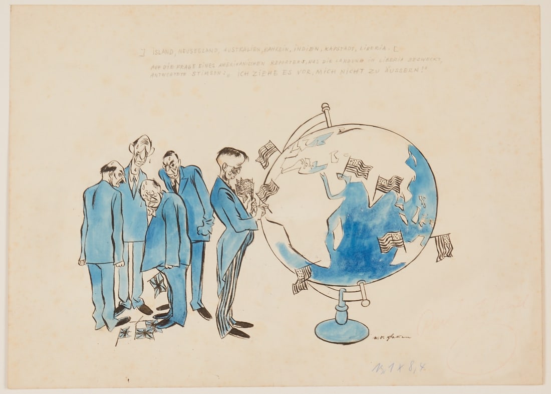E. O. Plauen: E. O. Plauen 1903 Untergettengrün - 1944 Berlin - "Iceland, New Zealand, Australia, Bahrain, India, Cape Town, Liberia" - (1942) Ink and pen/paper. 36.5 x 51 cm. Inscribed upper center: "Iceland,