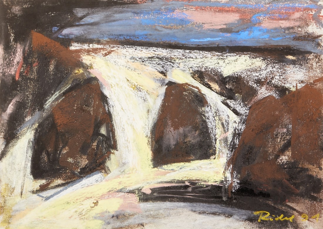 Frank Rödel: Frank Rödel 1954 Weimar - Landscape with Stones - (1991) Pastel chalk/glittering paper. 21 x 29.4 cm. Signed and dated lower right: Rödel (19)91. The sheet is loose. Frank Rödel is a German