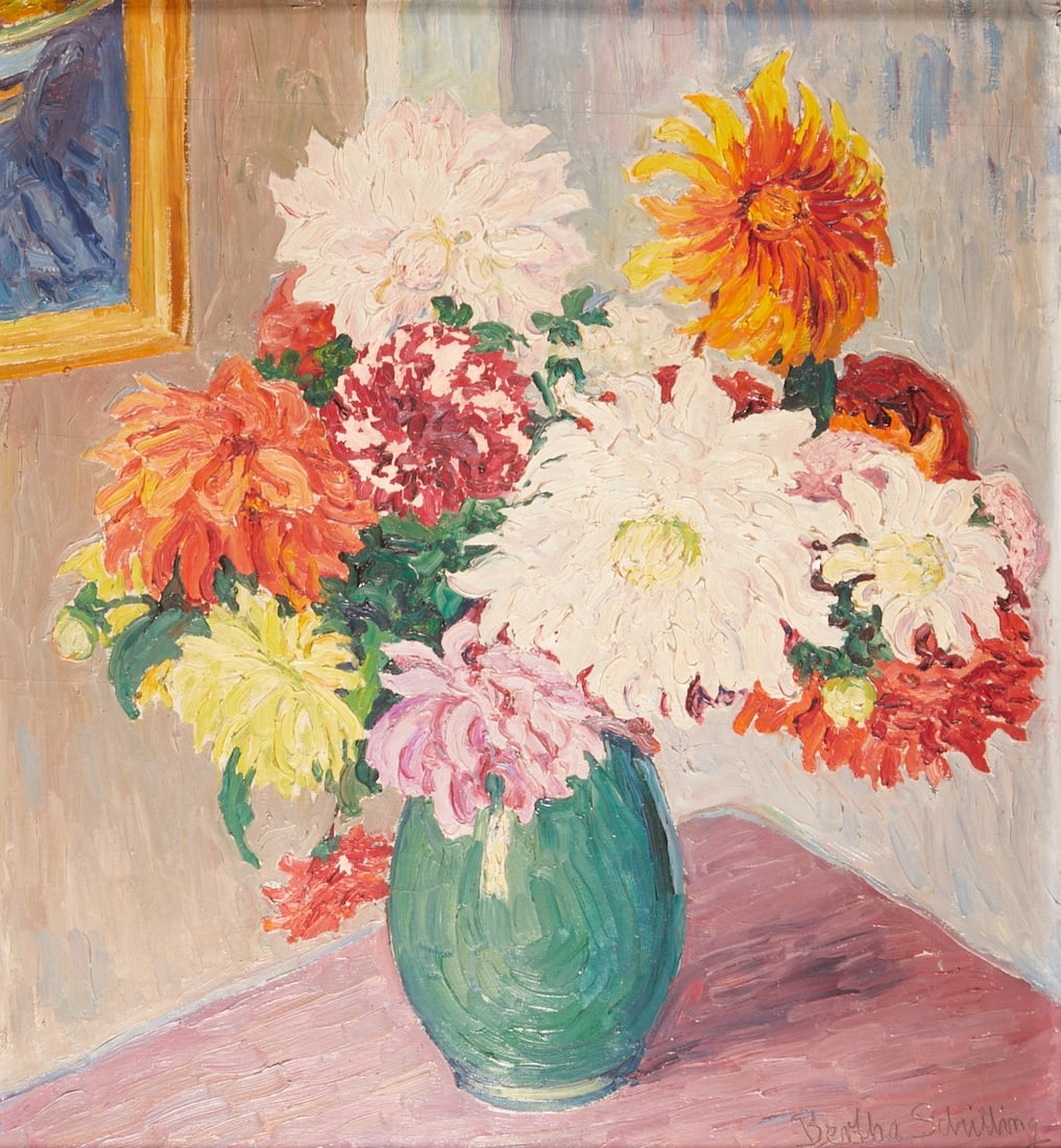 Bertha Schilling: Bertha Schilling 1870 Arnsberg - 1953 Fischerhude - Dahlias - Oil/glued wood panel. 62 x 57 cm, 72 x 67 cm (dimensions with frame). Signed lower right: Bertha Schilling. Frame. Minimal craquelure.