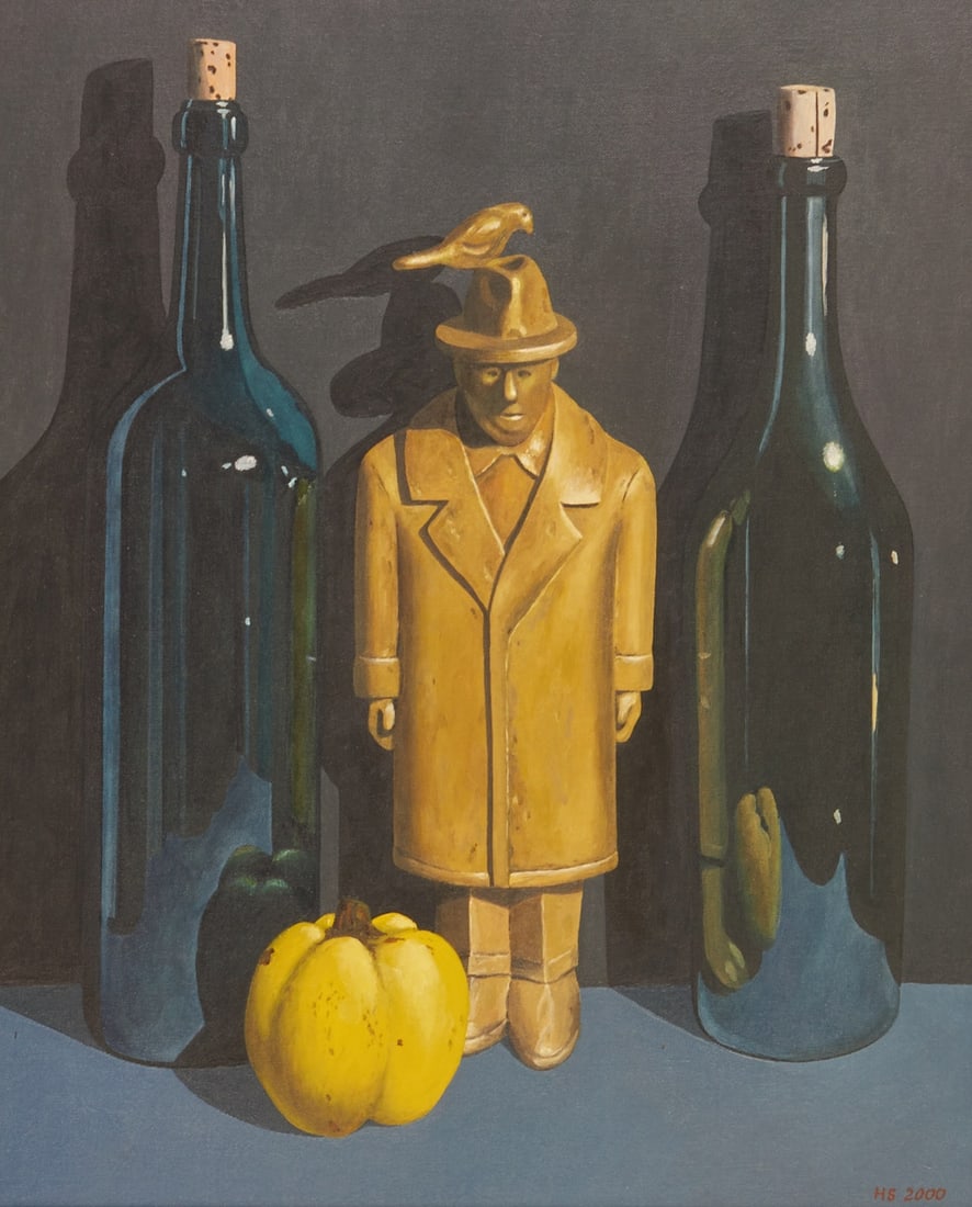 Horst Schmidt: Horst Schmidt 1938 Montabaur - "Man with bird between bottles" - (2000) Oil/canvas board. 50 x 40 cm. 58.5 x 48.7 cm (dimensions with frame). Monogrammed and dated lower right: HS 2000.