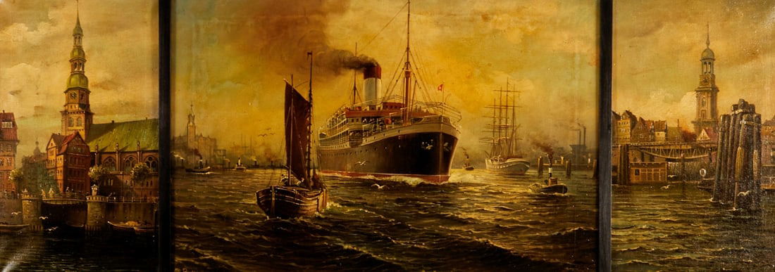 Otto Schwarz: Otto Schwarz 1877 - 1961 - Hamburg - Triptych - Oil/canvas (3). 50.8 x 73.5 cm (center part). 50.5 x 30 cm (side parts). Signed lower left (center part): Otto Schwarz. Frame. Hamburg triptych with a