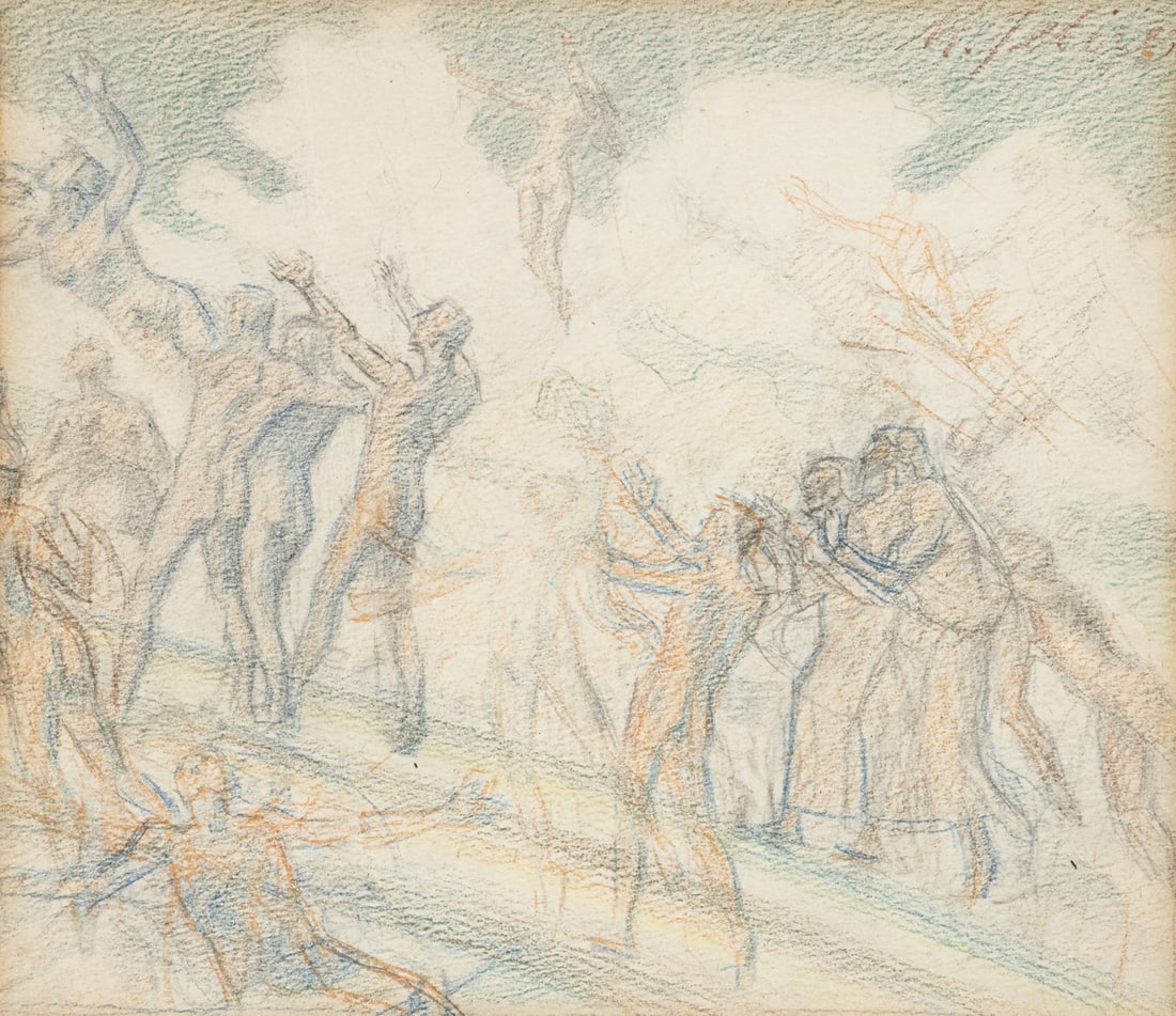 Max Seliger: Max Seliger 1865 Bublitz - 1920 Leipzig Convolute - Mermaids - Colored pencils/paper. 12.4 x 13.7 cm (passe-partout cutout). 34.2 x 41.2 cm (size with frame). Passe-partout. Framed under glass.