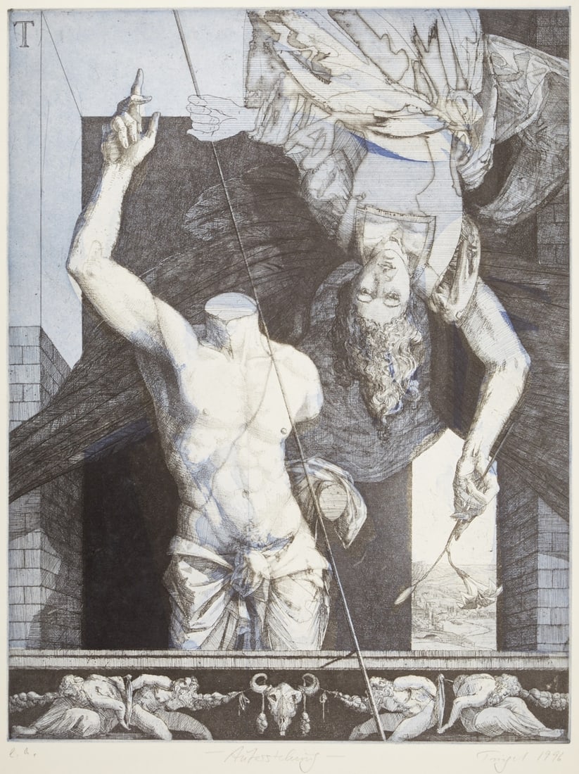 Michael Triegel: Michael Triegel 1968 Erfurt - lives and works in Leipzig - "Resurrection" - (1996) Color etching/paper. e.a. 60 x 46 cm, 73 x 52.3 cm. Signed and dated lower right: Triegel 1996. Titled