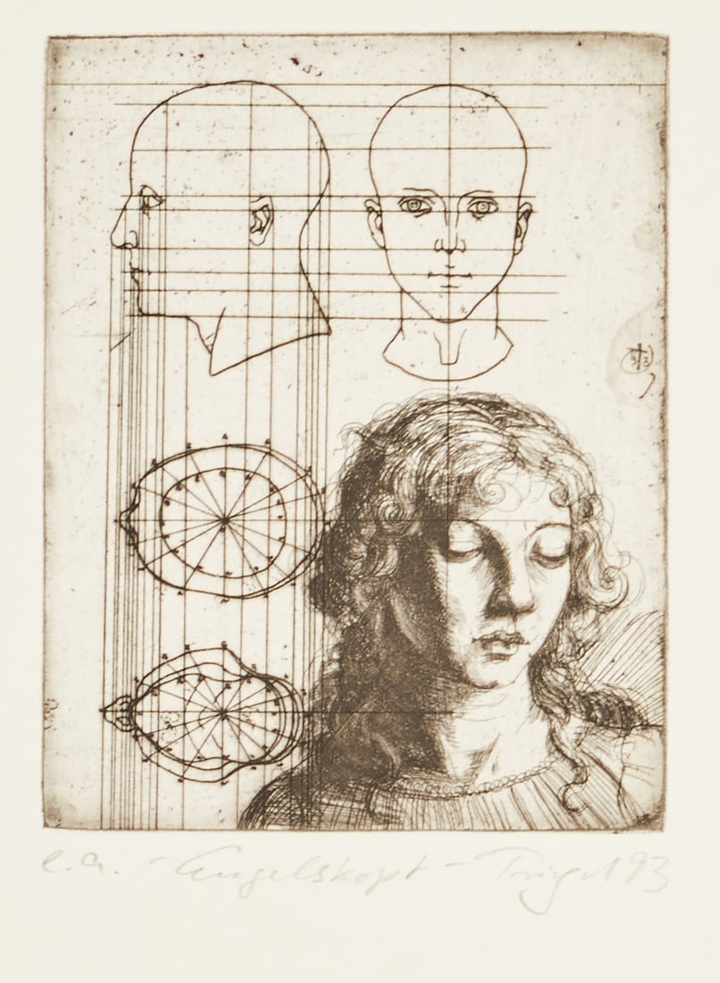 Michael Triegel: Michael Triegel 1968 Erfurt - lives and works in Leipzig - "Angel's Head" - (1993) Etching/paper. e. a . 15.8 x 12.5 cm, 35.3 x 24.5 cm. Titled lower center: - Angel's Head -. Signed and