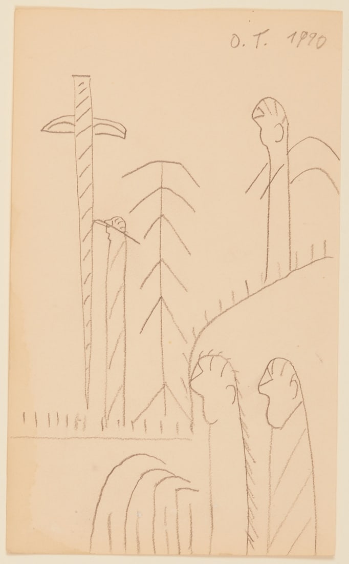 Oswald Tschirtner: Oswald Tschirtner 1920 Perchtoldsdorf - 2007 Maria Gugging - Walking People - (1990) Pencil/paper. 23.6 x 14.5 cm. Monogrammed and dated upper right: O. T. 1990. Passe-partout. The sheet lies loose.