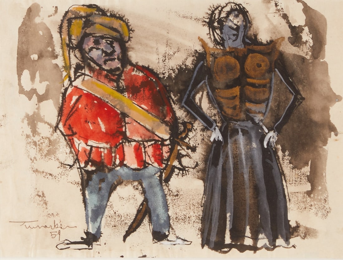 Igael Tumarkin: Igael Tumarkin 1933 Dresden - 2021 Tel Aviv-Jaffa - Costume sketch two figures - (1959) Mixed media/paper. 22.8 x 30.9 cm (mat cutout), 41 x 51 cm (dimensions with frame). Signed and dated lower left: