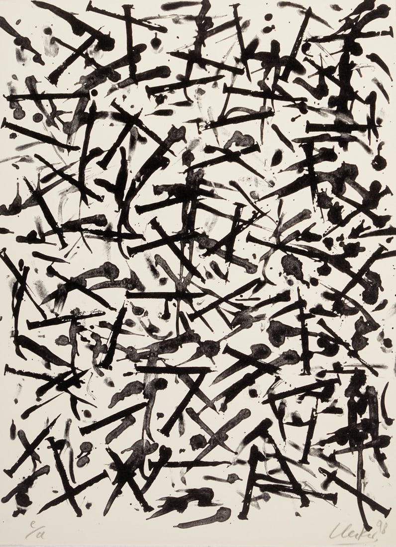 Günther Uecker: Günther Uecker 1930 Wendorf - 2025 Düsseldorf - "Injuries. Connections" - (1998) Lithograph/paper. e/a. 54 x 39.5 cm. Signed and dated lower right: Uecker (19)98. Embossing stamp l