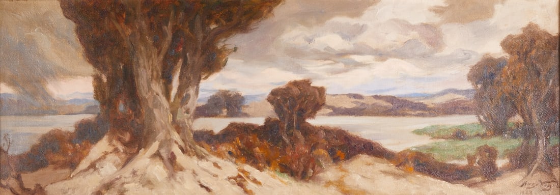 Hugo Vogel: Hugo Vogel 1855 Magdeburg - 1934 Berlin - Atmospheric landscape panorama - (1922) Oil/canvas. 41 x 116 cm. 48 x 121 (dimensions with frame). Signed and dated lower right: Hugo Vogel / 1922. Verso with