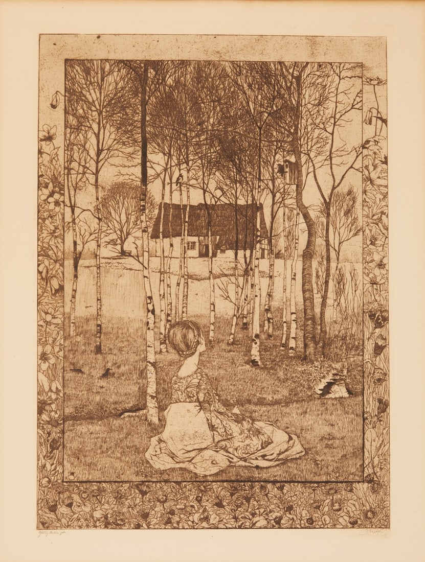 Heinrich Vogeler: Heinrich Vogeler 1872 Bremen - 1942 Kazakhstan - "Spring" - (1896) etching/paper. 34 x 24 cm, 37.8 cm x 29 cm (mount cutout), 55 x 45 cm (dimensions with frame). Signed in print lower right: