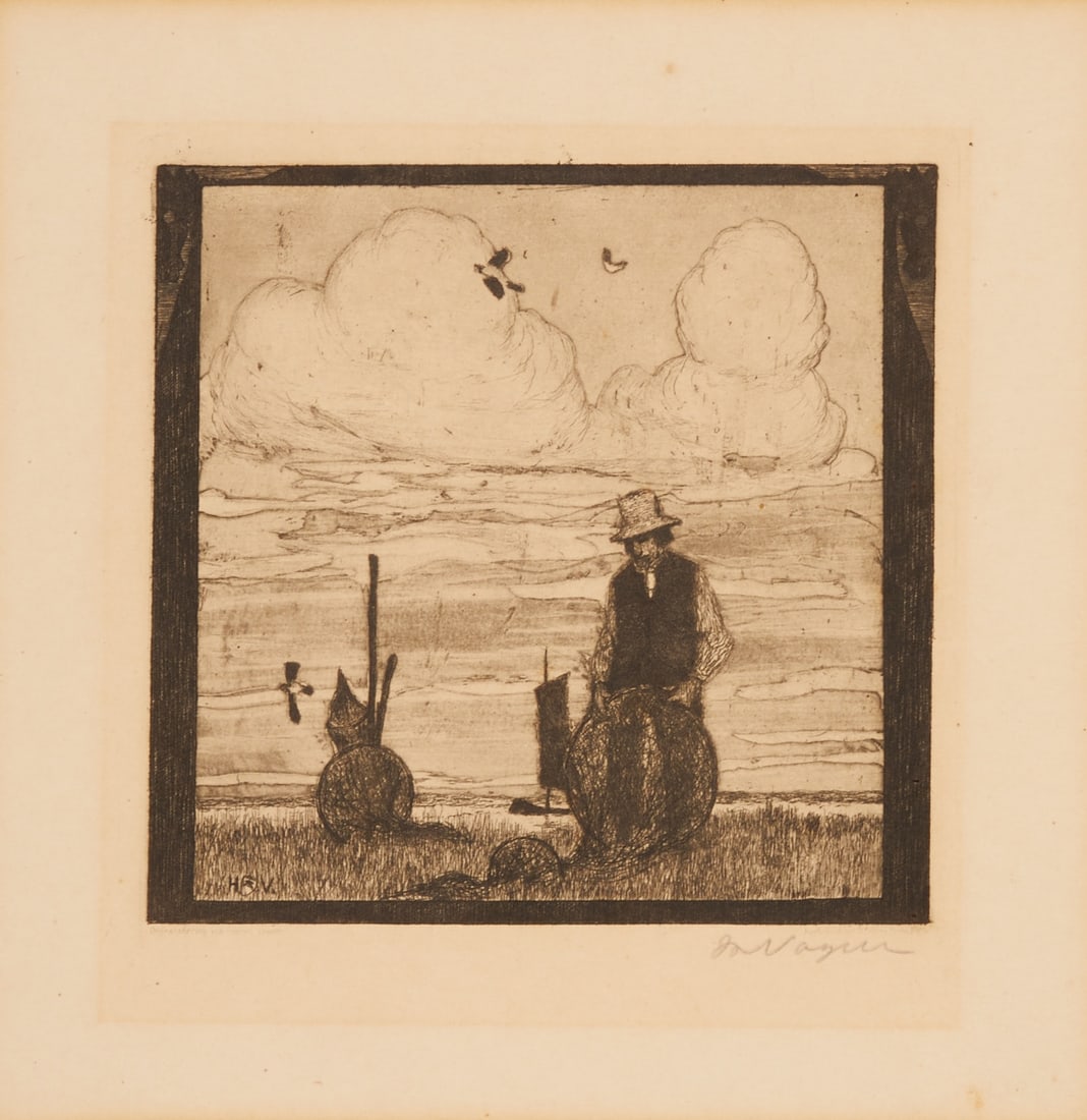 Heinrich Vogeler: Heinrich Vogeler 1872 Bremen - 1942 Kazakhstan - "The Fisherman" - (1899) etching/paper. 15 x 15.4 cm, 22 x 22 cm (mount cutout). 36.7 x 35.7 cm (dimensions with frame). Signed lower right: