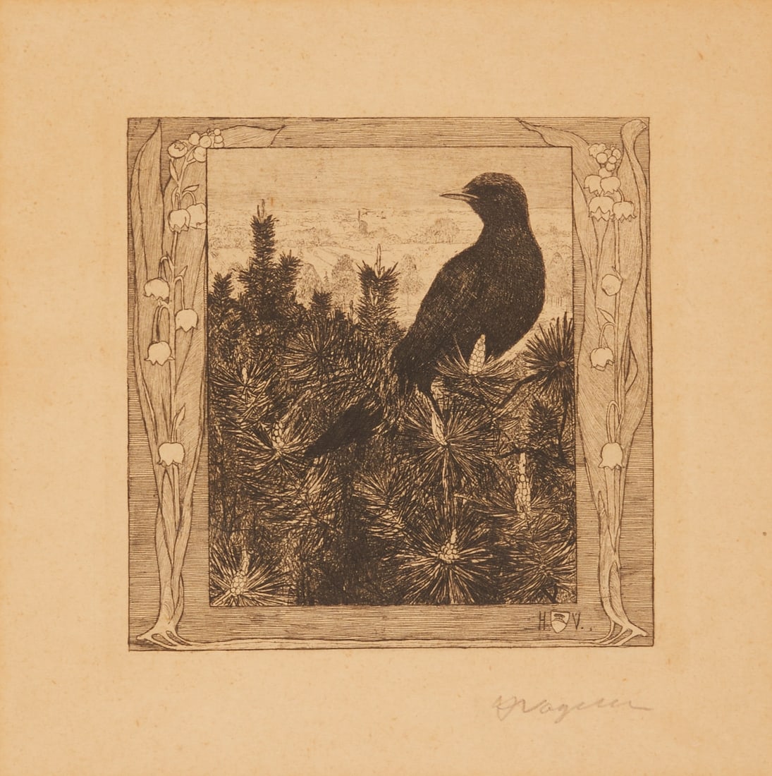 Heinrich Vogeler: Heinrich Vogeler 1872 Bremen - 1942 Kazakhstan - "The Blackbird" - (1899) etching/paper. 15 x 15.5 cm, 22 x 22 cm (mount cutout), 36.7 x 35.7 cm (dimensions with frame). Signed lower