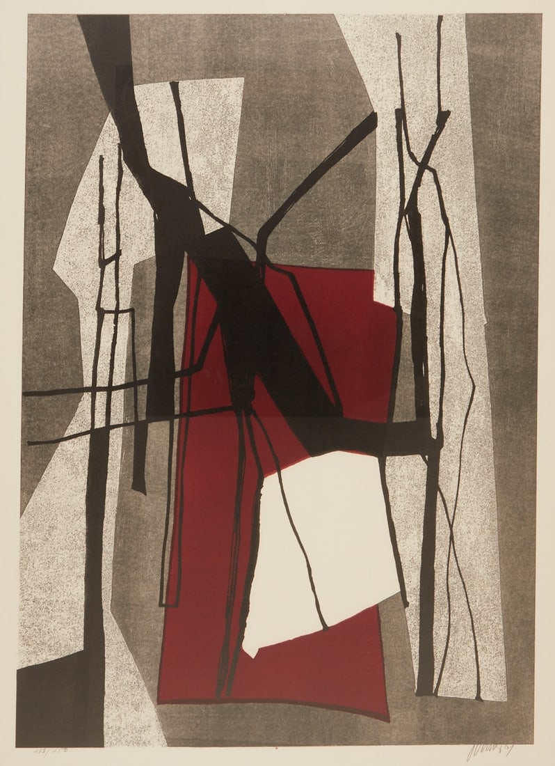 Fritz Winter: Fritz Winter 1905 Altenbögge - 1976 Herrsching - Untitled (Composition in Red, Black and Grey) - (1971) Color lithograph/paper. 108/150. 61.7 x 43.5 cm, 67 x 48.5 cm (visible size), 71 x 52.4 cm