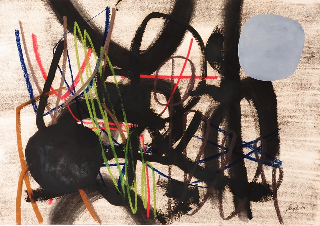 Fritz Winter: Fritz Winter 1905 Altenbögge - 1976 Herrsching - "Restlessness between Black" - (1953) Mixed media (oil and chalk)/paper. 47 x 67 cm. 77 x 99 cm (dimensions with frame). Signed and date