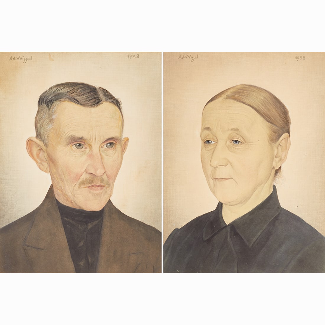 Adolf Wissel: Adolf Wissel 1894 Velber - 1973 Hanover - "Farmer" and "Farmer's Wife" (Farmer Couple) - (1938) Two watercolors/paper. Each 37 x 28 cm. Each 62 x 52 cm (dimensions with frame). Sig