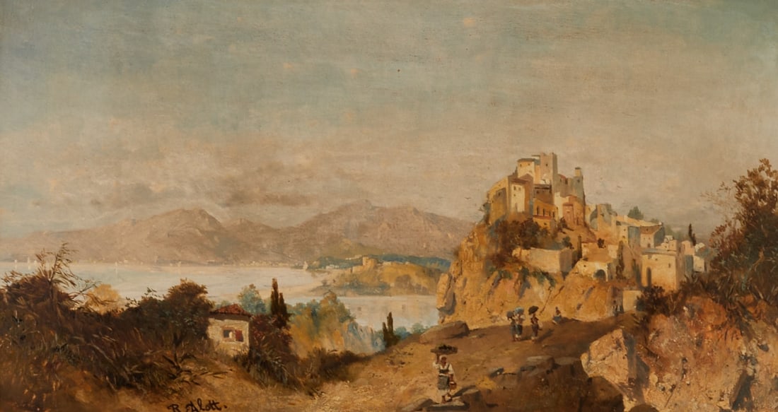 Robert Alott: Robert Alott 1850 Graz - 1910 Vienna - Italian Landscape - Oil/wood. 31.5 x 58 cm. Signed lower left: R. Alott. Pull-out frame. - Lit.: Fuchs I, K 12.