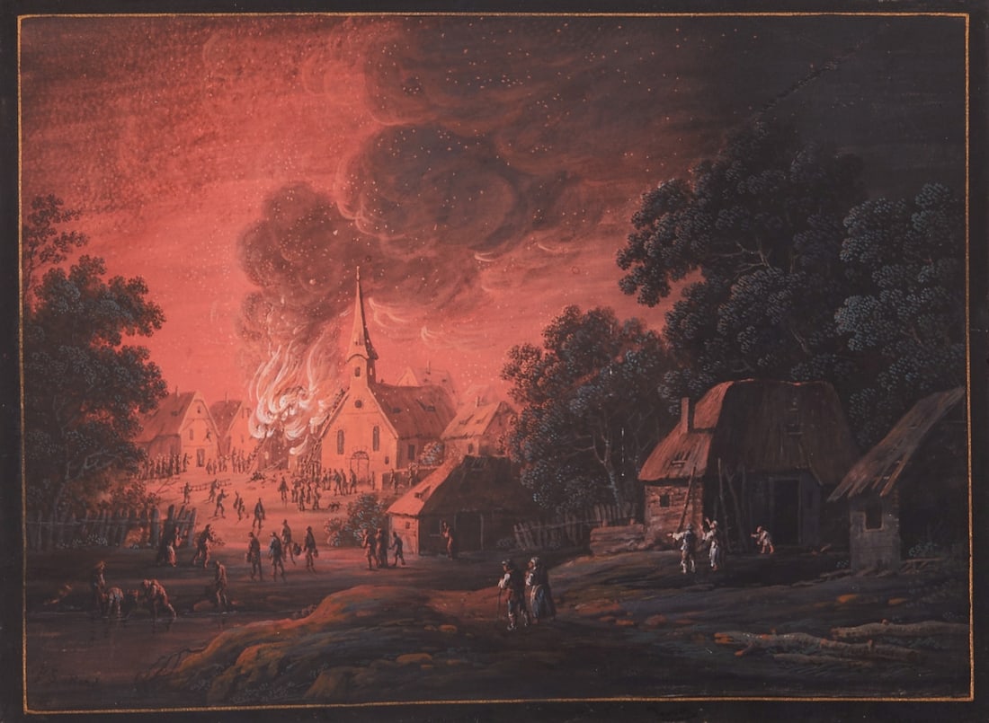 Karl Sebastian von Bemmel: Karl Sebastian von Bemmel 1743 Bamberg - 1796 Nuremberg - Burning Village - Gouache/parchment. 17 x 22.5 cm. Signed lower left: K. S. v. Bem(m)el. The sheet is loose. Verso partially reinforced with