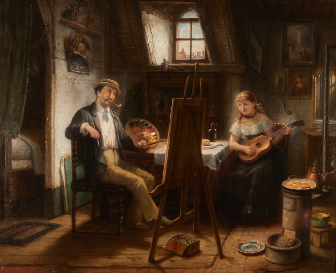 Jozef Cornelius Correns: Jozef Cornelius Correns 1814 Antwerp - 1907 Antwerp - Painter and model in the studio - Oil/canvas. 68 x 83 cm. 90 x 104 cm (dimensions with frame). Signed lower left: J. CORRENS / AV. Ornamental