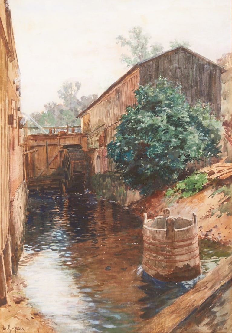 Berthold Genzmer: Berthold Genzmer 1858 Boggusch - 1927 Berlin - Village Mill - Watercolor/paper. 53 x 37 cm (mat cutout), 75.5 x 58.2 cm (dimensions with frame). Signed lower left: B. Gezmer. Mat. Framed under glass.