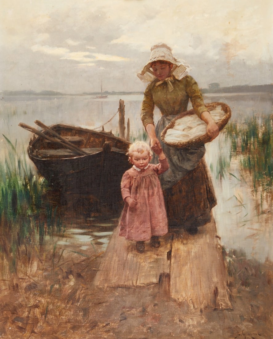 Berthold Genzmer 1858 Boggusch - 1927: Berthold Genzmer 1858 Boggusch - 1927 Berlin - Young woman with child on the bank - Oil/canvas. 65.5 x 50 cm, 77 x 64 cm (dimensions with frame). Signed lower right: B. Genzmer. Frame. Slight paint lo