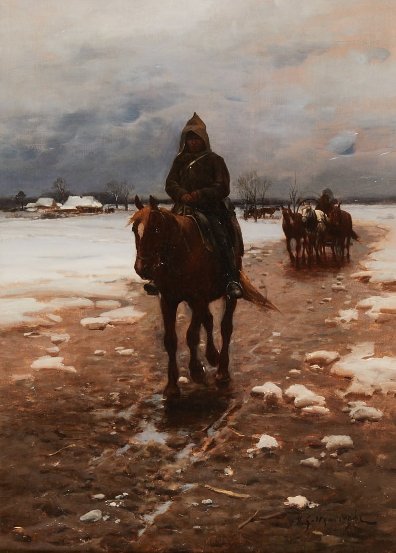 Michael Gorstkin Wywiorski: Michael Gorstkin Wywiorski 1861 Warsaw - 1926 Berlin - Tatars riding to market - Oil/canvas. 46.8 x 33.3 cm. 71 x 57.5 cm (dimensions with frame). Signed and localized lower right: M. G. Wywiorski / M