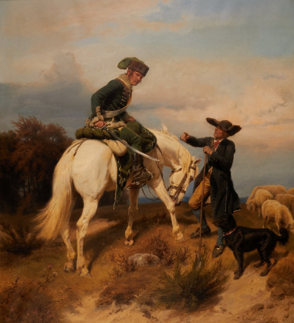 Emil Hünten: Emil Hünten 1827 Paris - 1902 Düsseldorf - Soldier and Shepherd - (1865) Oil/canvas. 73.5 x 66 cm, 96.5 x 90.5 cm (dimensions with frame). Signed and dated lower right: Emil Hünten 1865