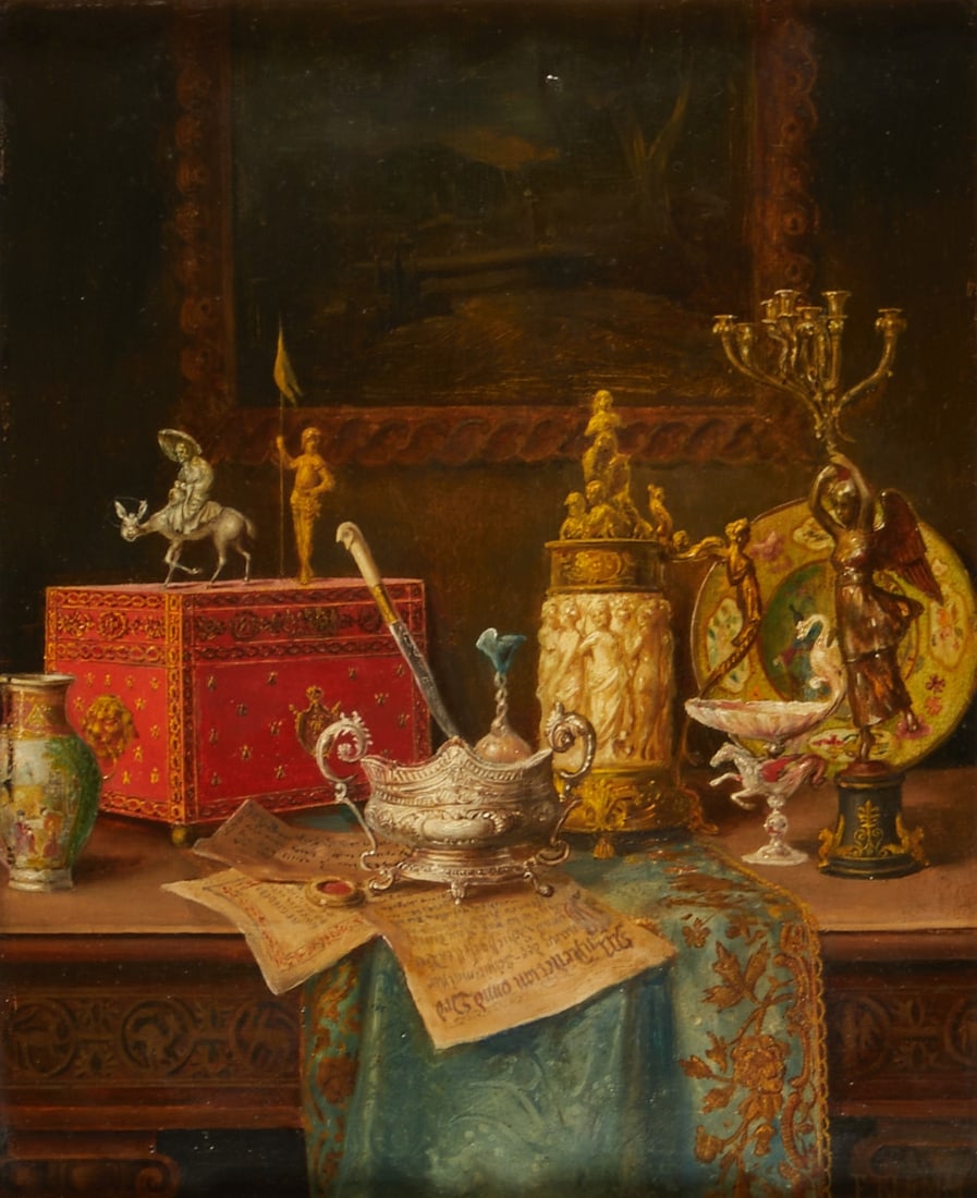 Ernst Klemm: Ernst Klemm 1860 - 1932 - Still life with cabinet of curiosities objects - Oil/wood. 26 x 21 cm. 49 x 44 cm (dimensions with frame). Signed lower right: E. KLEMM. Decorative frame. Edges rubbed. Artis