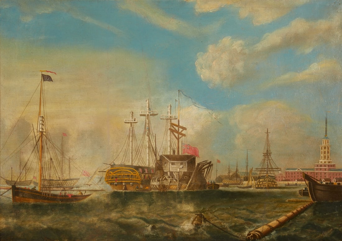 Artist of the 17th/18th Century: Artist of the 17th/18th Century - Ships overlooking a city - Oil/canvas. Doubled. 47.8 x 69 cm, 58 x 78 cm (dimensions with frame). Framed. Restored. Scratches at the bottom.