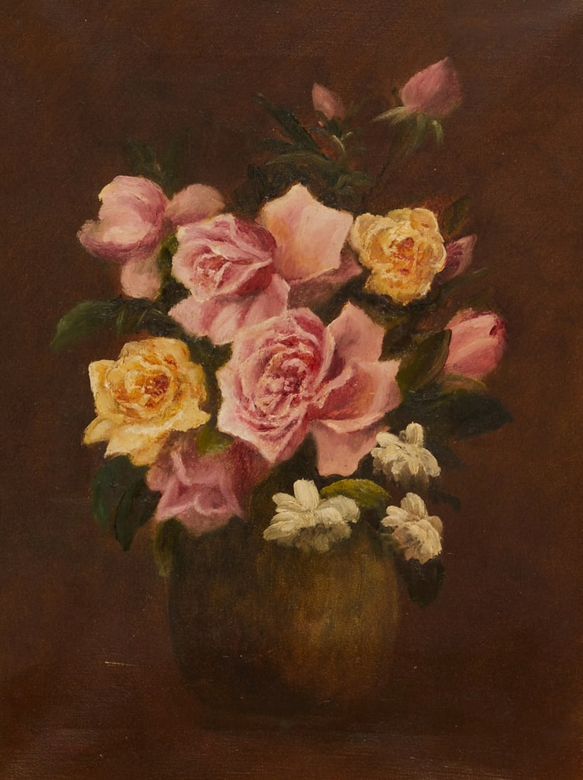 Artist of the 19th Century: Artist of the 19th Century - Roses - Oil/canvas. 41 x 30.8 cm, 61.5 x 51 cm (dimensions with frame). Inscribed on the frame at the bottom: Roses. / (...) card. (Paris). Framed.