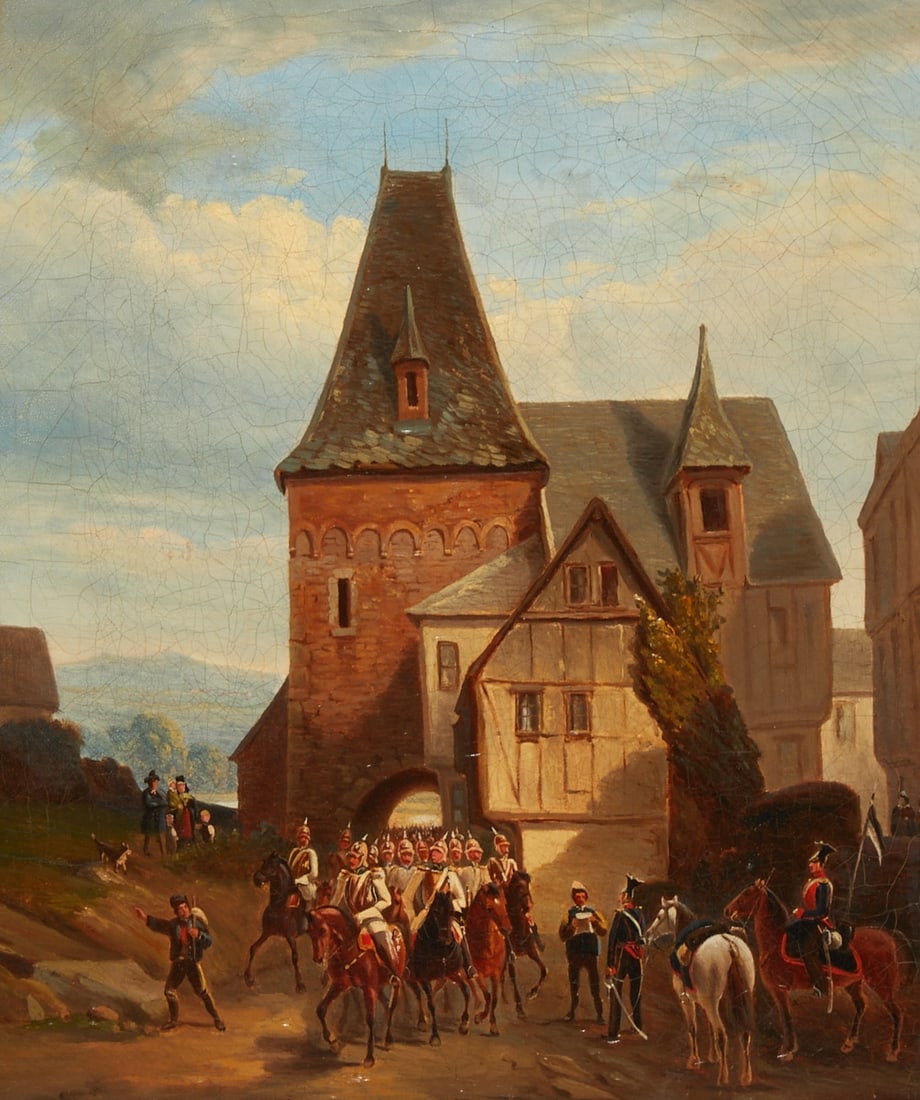 Artist of the 19th Century: Artist of the 19th Century - Soldiers on horseback entering a city - Oil/canvas. 34.5 x 28.5 cm. 40 x 35 cm (dimensions with frame). Frame (Berlin moulding). Edges rubbed. Somewhat restored.
