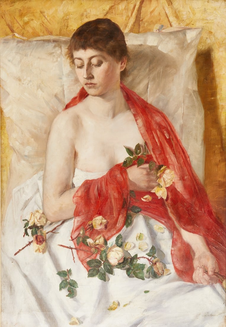 Lady with Yellow Roses: Artist around 1880/1900 - Lady with yellow roses - Oil/canvas. 100 x 70 cm. 124 x 93 cm (dimensions with frame). Indistinctly signed lower right. Elaborately crafted ornamental frame. Partially