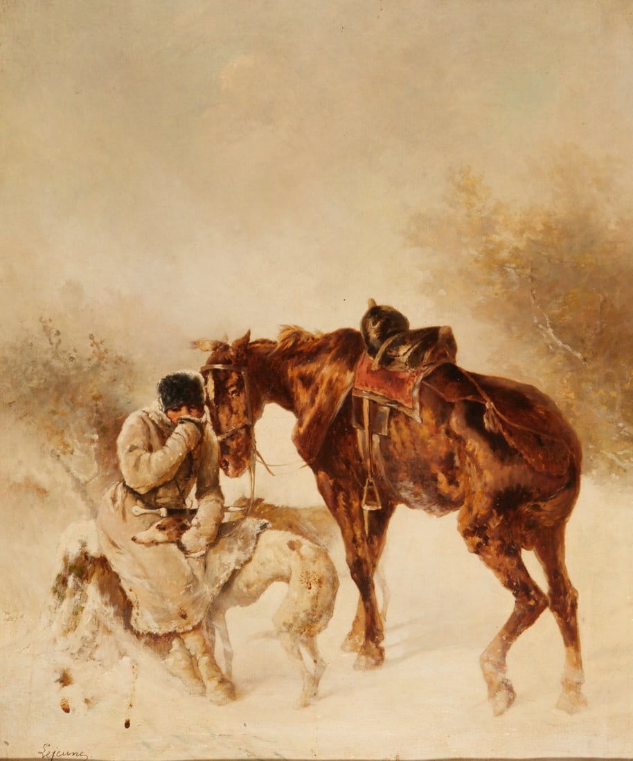 Louis Francois Lejeune: Louis Francois Lejeune 1775 Strasbourg - 1848 Toulouse attr. - French soldier in the snow - Oil/canvas. 65 x 54 cm, 81.5 x 70.5 cm (dimensions with frame). Signed lower left: Lejeune. Frame. Slightly