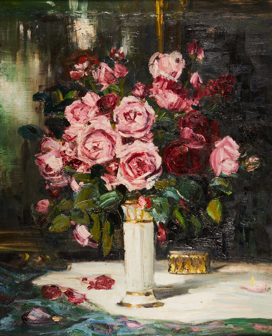 Emmy Lischke: Emmy Lischke 1860 Elberfeld - 1919 Munich - Still life with roses - Oil/cardboard. 82 x 66 cm. Labeled on a plaque at the bottom of the frame: 106 x 90 cm (dimensions with frame). Ornamental frame.