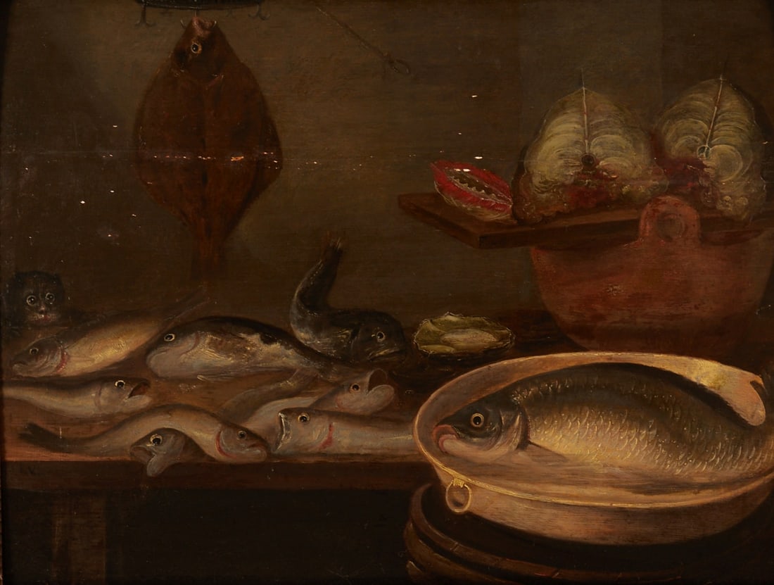 Dutch Monogrammist of the 17th Century: Dutch Monogrammist of the 17th Century - Fish Still Life - Oil/wood. Monogrammed lower left: F. V. L. 46.8 x 64 cm. 60 x 75 cm (dimensions with frame). Labeled on the back on a sticker from Galerie Er