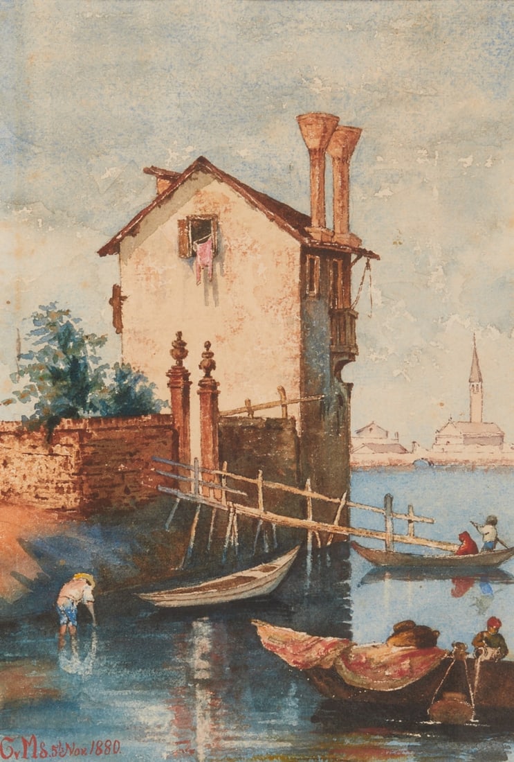 Venice: Monogrammist GvM around 1880 - Venice - Watercolor/paper. 28 x 19 cm (passe-partout cutout). 38 x 29 cm (dimensions with frame). Monogrammed and dated lower left: GvM/d.5Nov.1880. Passe-partout. Frame