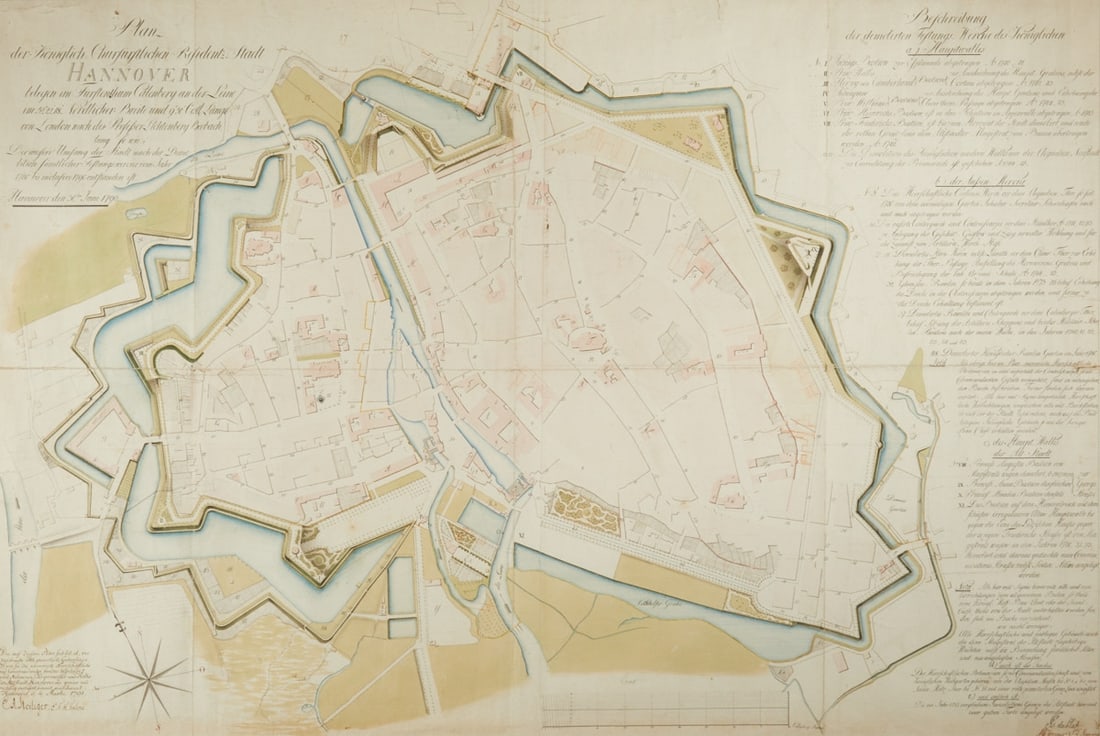 Georg Josua du Plat / Ludewig Hogrewe: Georg Josua du Plat (1722 - 1795) Johann Ludewig Hogrewe (1737 - 1814) - "Plan of the Royal-Electoral Residence City of Hanover" - (1790-91) Watercolored pen drawing/paper. 67.6 x 100 cm
