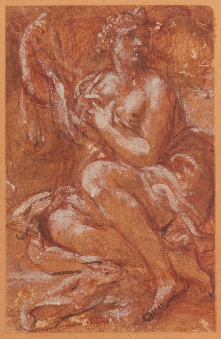 Giovanni Antonio da Pordenone attributed: Giovanni Antonio da Pordenone circa 1484 Pordenone - 1539 Ferrara attributed - Study of a female figure - Ink and red chalk, heightened with white/paper on cardboard. 17.8 x 11.5 cm. 32 x 27 cm (dimen