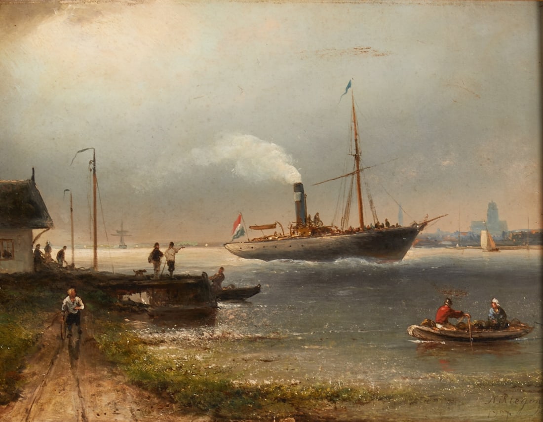 Nicolaas Riegen: Nicolaas Riegen 1827 Amsterdam - 1899 Amsterdam - Steamboat on the water - (1887) Oil/wood. 24.5 x 32.5 cm. Signed and dated lower right: N. Riegen / 1887. Frame. Minimal flaking on the frame. Nicolaa