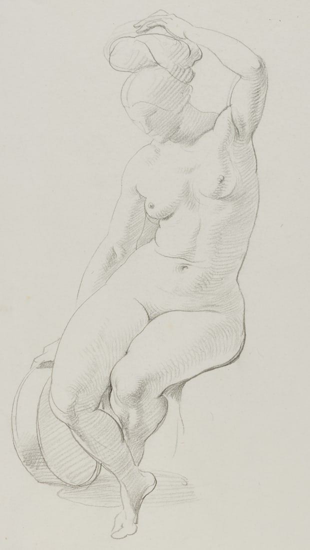 Ludwig Thiersch: Ludwig Thiersch 1825 Munich - 1909 Munich attributed - Female nude - Pencil/paper. 38.8 x 26.1 cm. The sheet is loose. Slightly soiled.