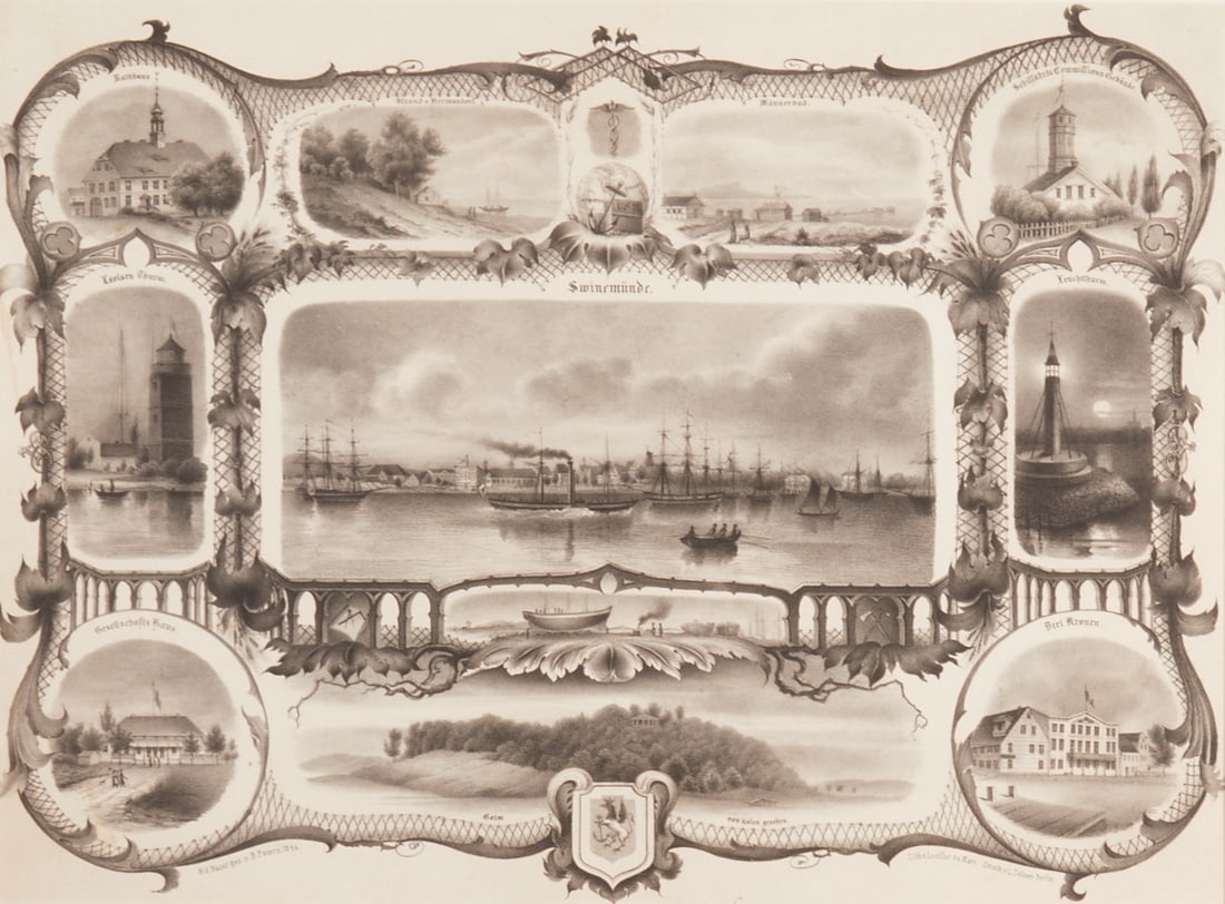 Loeillot de Mars: Loeillot de Mars B. Peters - Souvenir sheet Swinemünde - (1843) Lithograph/paper. 35 x 47.5 cm (passepartout cutout), 55 x 65 cm (dimensions with frame). Inscribed and dated in print below: B.
