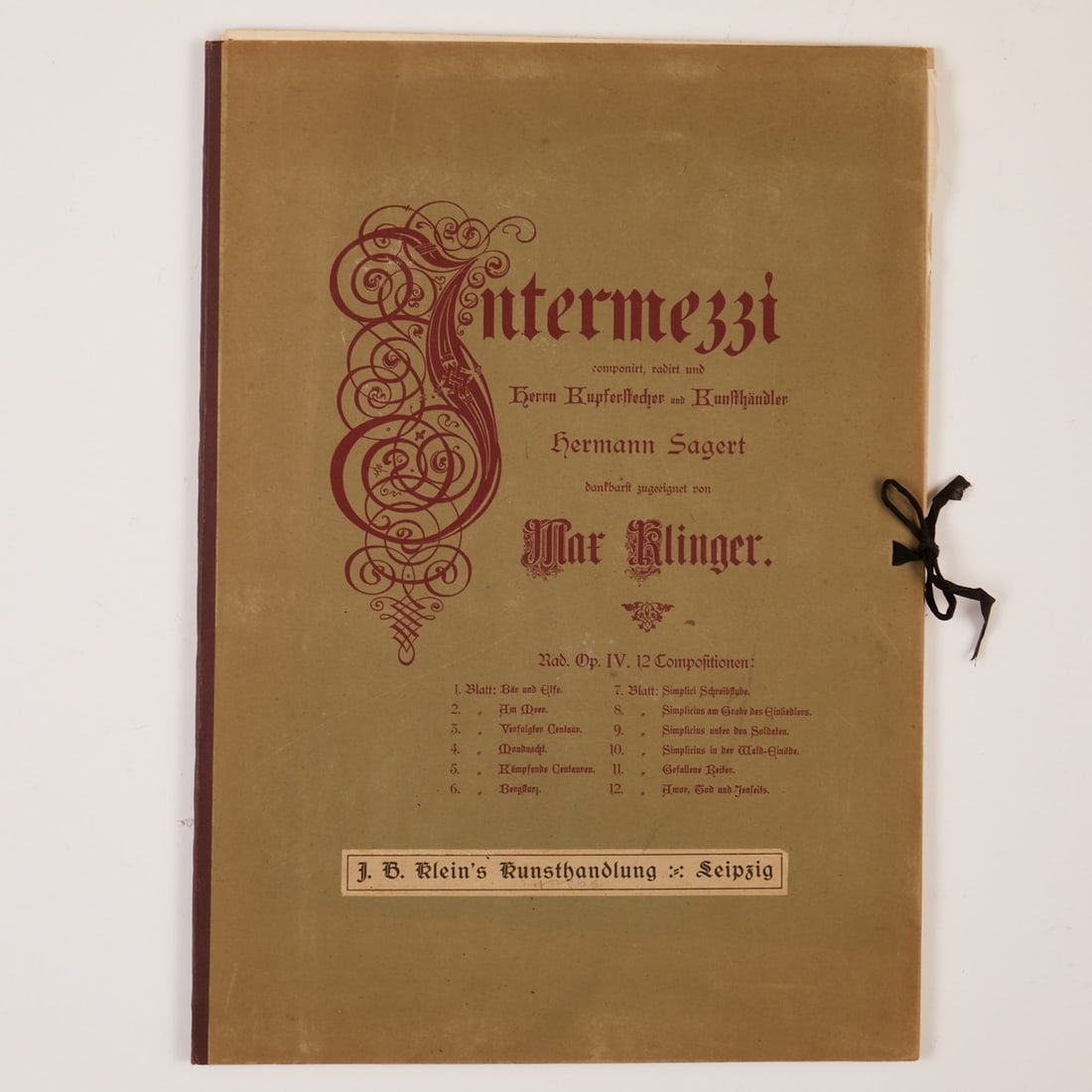 Max Klinger: Max Klinger 1857 Leipzig - 1920 Großjena - "Intermezzi" - (1881) Herman Sagert (Ed.). Etching Op. IV. 12 Compositions. Leipzig, J.B. Klein's Buchhandlung. Printed half-leather cardboard folder with t