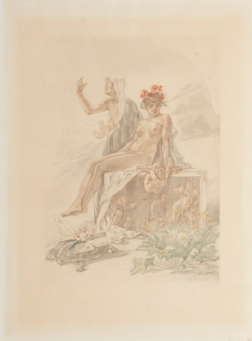 Felicien Rops: Felicien Rops 1833 Namur - 1898 Corbeil-Essonnes - La Foire aux amours (The Fair of Loves) - Hand-colored etching/paper. 35 x 25.5 cm (plate size), 36.3 x 26.8 cm (mat cutout), 57.5 x 39.8 cm