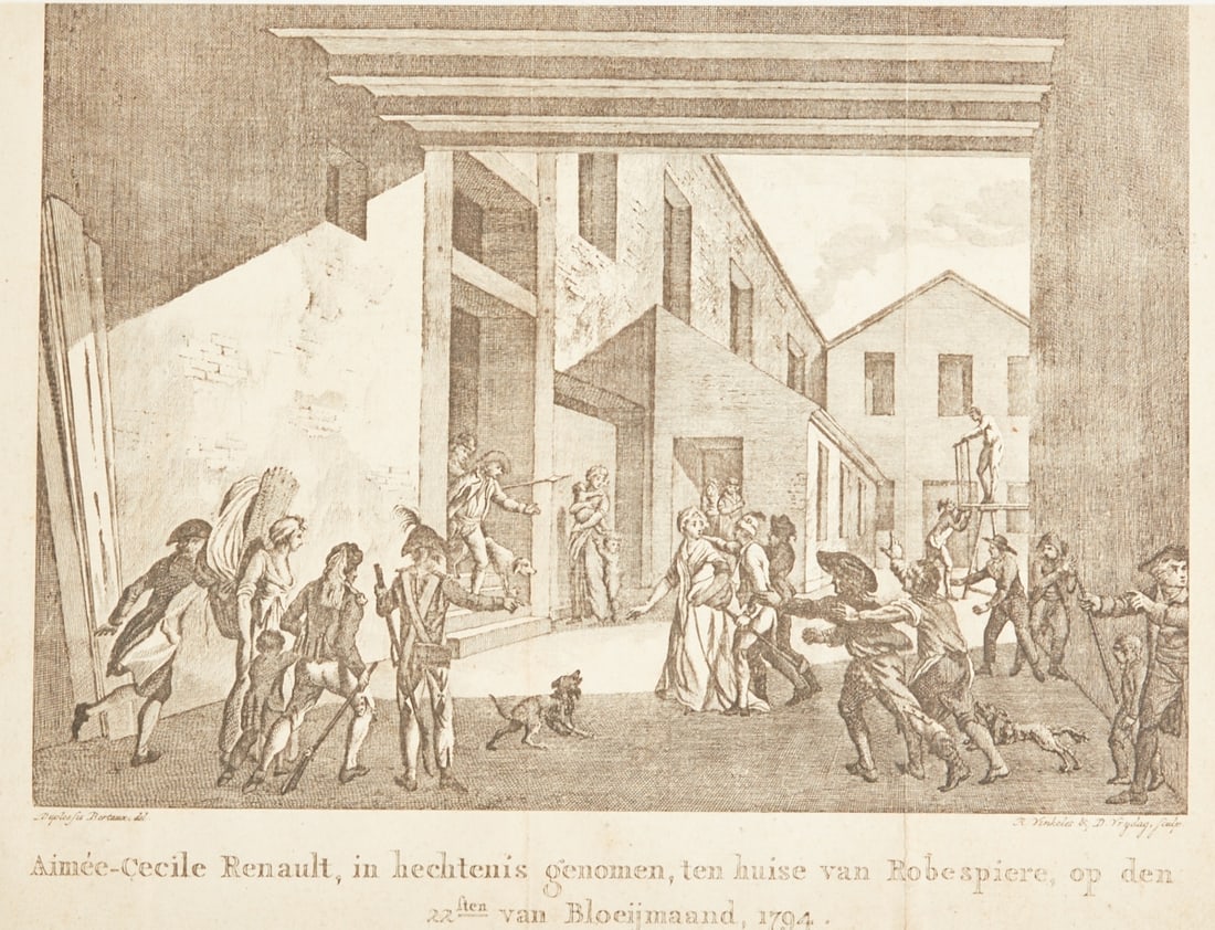 Reinier Vinkeles / Jean Duplessis-Bertaux: Reinier Vinkeles (1741-1816) Jean Duplessis-Bertaux (1747-1820) - The Arrest of Aimée-Cécile Renault on May 22, 1794, in front of Robespierre's House - (c. 1816) Etching/paper. 18 x