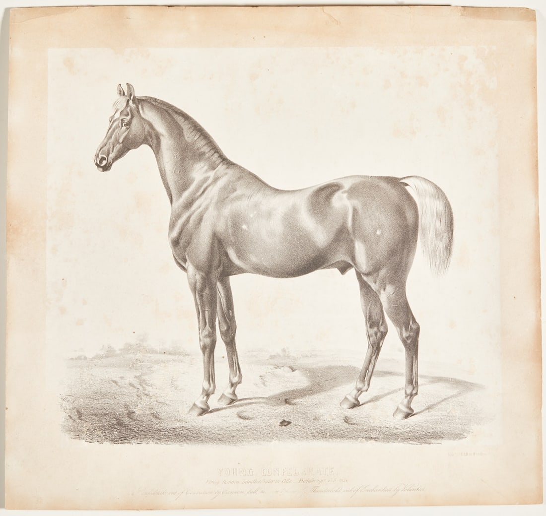 Emil Volkers: Emil Volkers 1831 Birkenfeld - 1905 Düsseldorf - "Young Confederate" - (1854) Lithograph/paper. 33.5 x 38.3 cm (image size), 41.8 x 45 cm (sheet size). Signed and dated in print lower