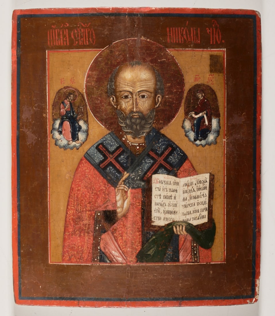 Icon: Icon Russia, 19th century. - Saint Nicholas of Myra - Egg tempera on chalk ground, wood, approx. 35.5 x 29.5 cm. Half-figure of Saint Nicholas as a bishop with a nimbus, blessing right hand and an