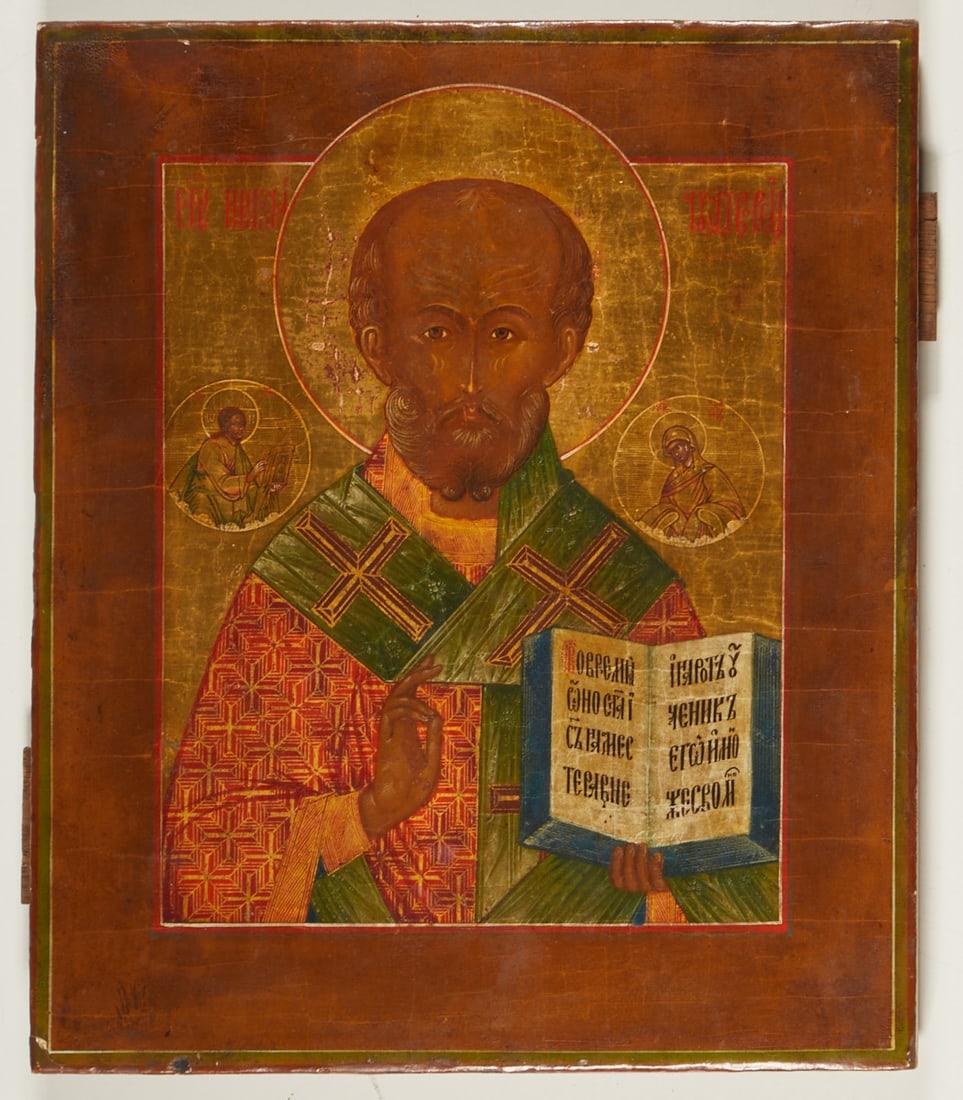 Icon: Icon Russia, 19th century. - Saint Nicholas of Myra - Egg tempera and gold on chalk ground, wood. 31.3 x 26.3 cm. Bust of Saint Nicholas in episcopal vestments with omophorion, blessing right hand