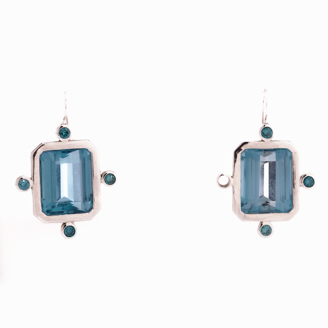 Pair of Topaz Earrings with Blue Brilliant-cut Diamonds: Pair of Topaz Earrings with Blue Brilliant-cut Diamonds 750/- white gold, stamped. Weight: 14.75 g. 2 topazes totaling approx. 12 ct. (12 x 15 x 7.4 mm). 8 blue brilliant-cut diamonds (Fancy/SI)